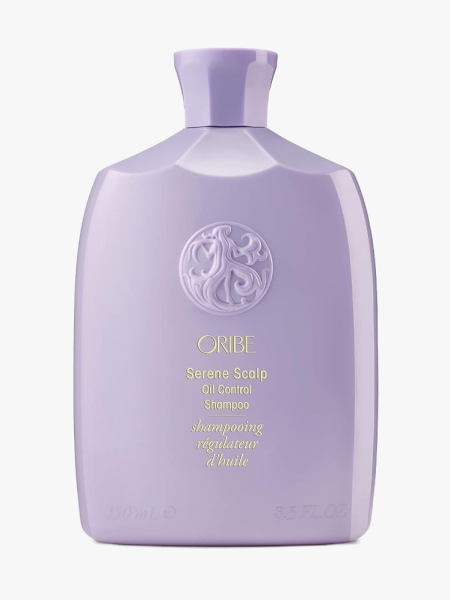 Oribe Serene Scalp Oil Control Shampoo in branded component on a light gray background