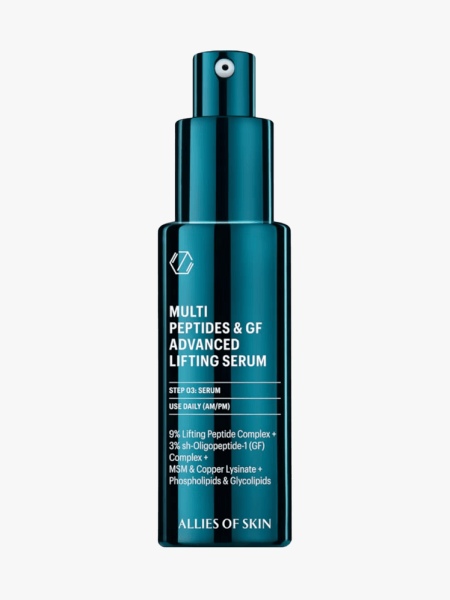 Allies of Skin Multi Peptides and GF Advanced Lifting Serum in branded spray bottle component on a light gray background
